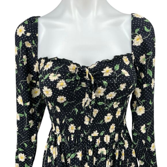 Asos Collusion Black Floral Dotted Long Sleeve Sweetheart Smocked Mini Dress 0 - Picture 3 of 5